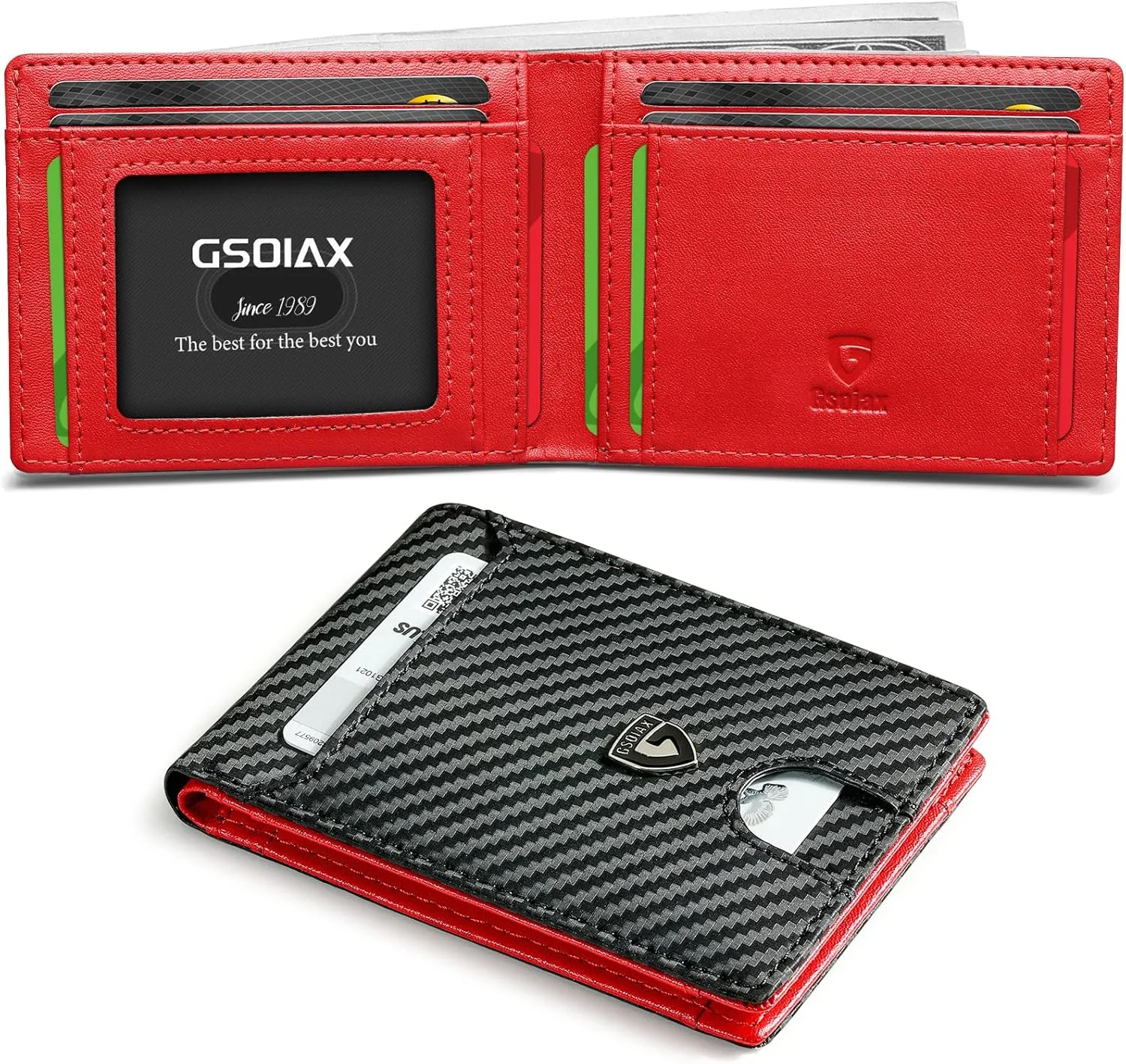 GSOIAX Mens Slim Wallet RFID Blocking Bifold wallets for men Minimalist Genuine Leather Carbon Fiber Card Holder Money Clip Thin Mens with Gift Box (Carbon Black and Red)