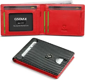 GSOIAX Mens Slim Wallet RFID Blocking Bifold wallets for men Minimalist Genuine Leather Carbon Fiber Card Holder Money Clip Thin Mens with Gift Box (Carbon Black and Red)