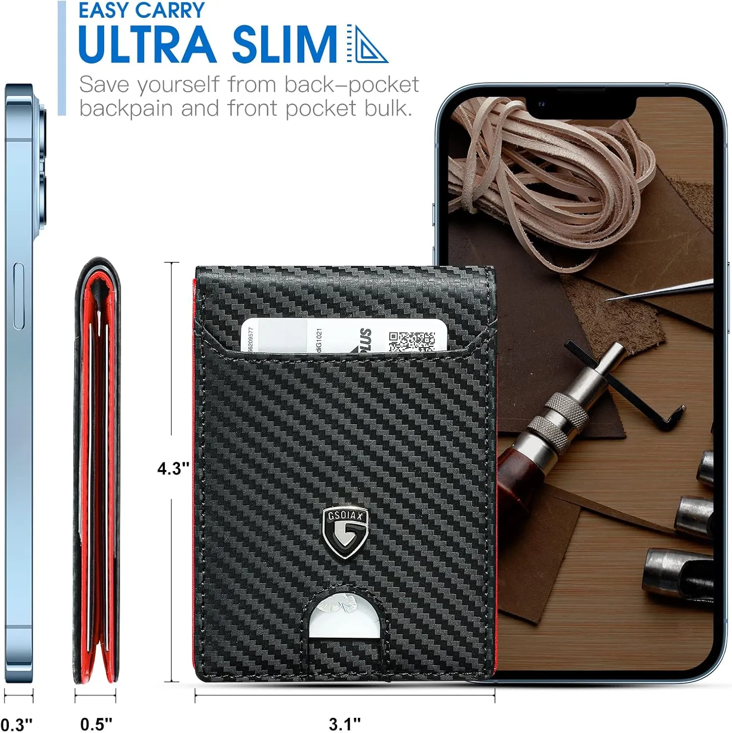 GSOIAX Mens Slim Wallet RFID Blocking Bifold wallets for men Minimalist Genuine Leather Carbon Fiber Card Holder Money Clip Thin Mens with Gift Box (Carbon Black and Red)