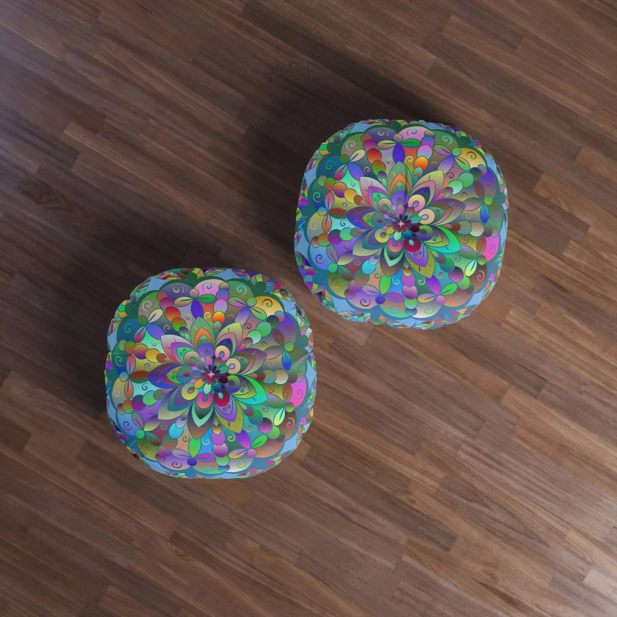 Hand Drawn Mandala Floor Cushion - Colorful on Light Blue - Tufted Round