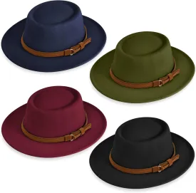 Hercicy 4 Pcs Felt Hats for Women Vintage Wool Panama Felt Boho Pork Pie Hat with Belt, Jazz Headwear