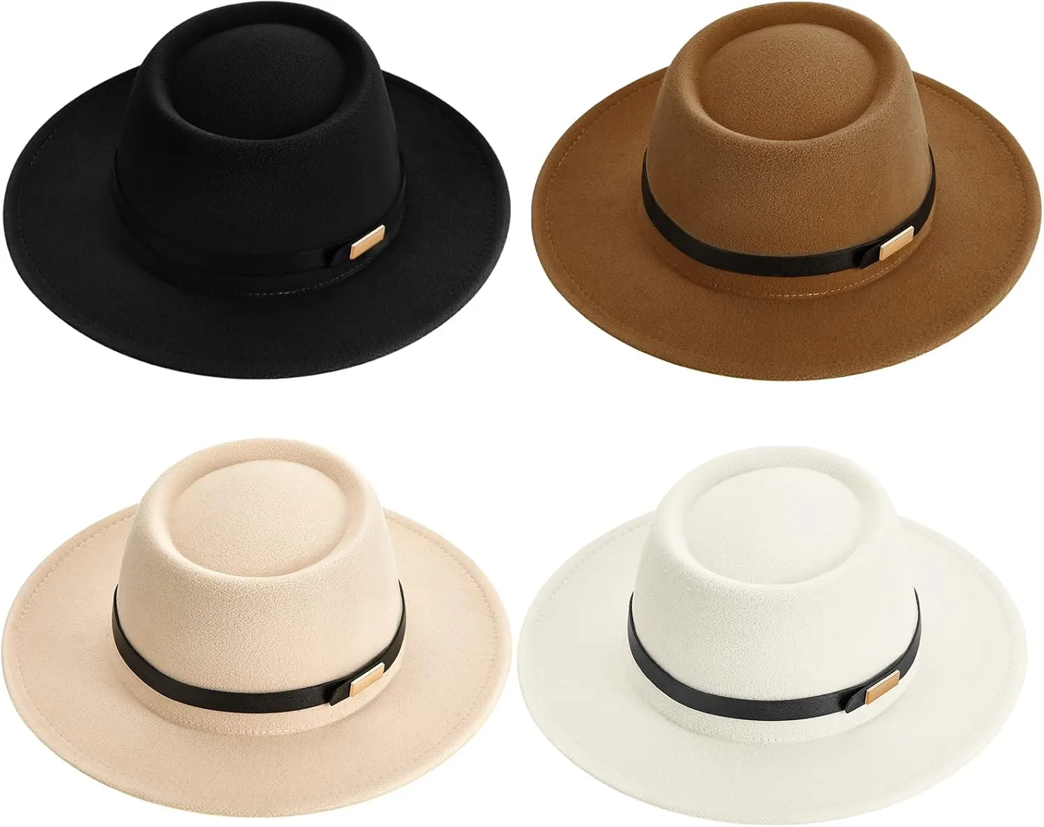 Hercicy 4 Pcs Felt Hats for Women Vintage Wool Panama Felt Boho Pork Pie Hat with Belt, Jazz Headwear