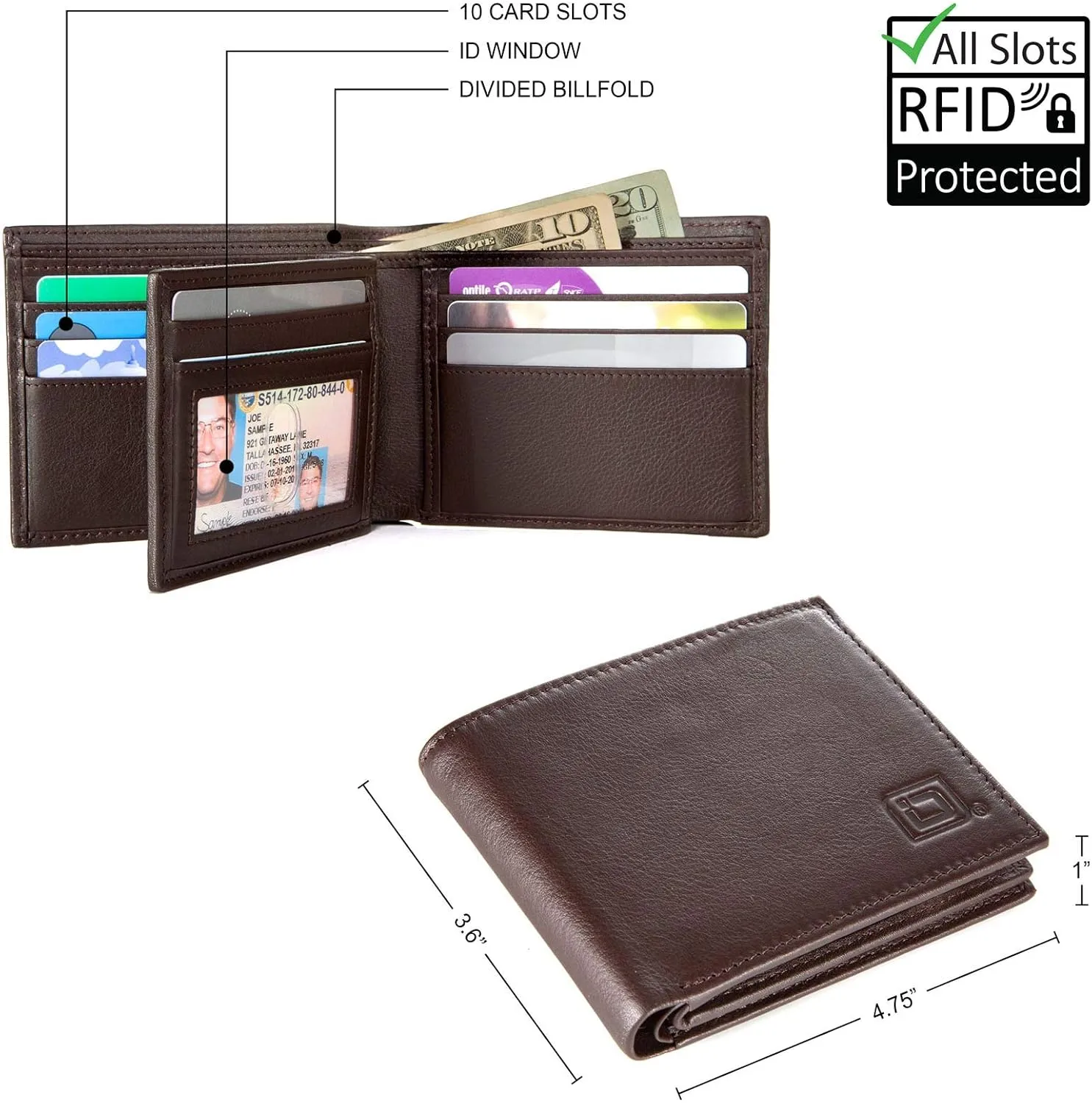 ID Stronghold Extra Capacity Bifold Wallet for Men - RFID Blocking Genuine Leather Wallet