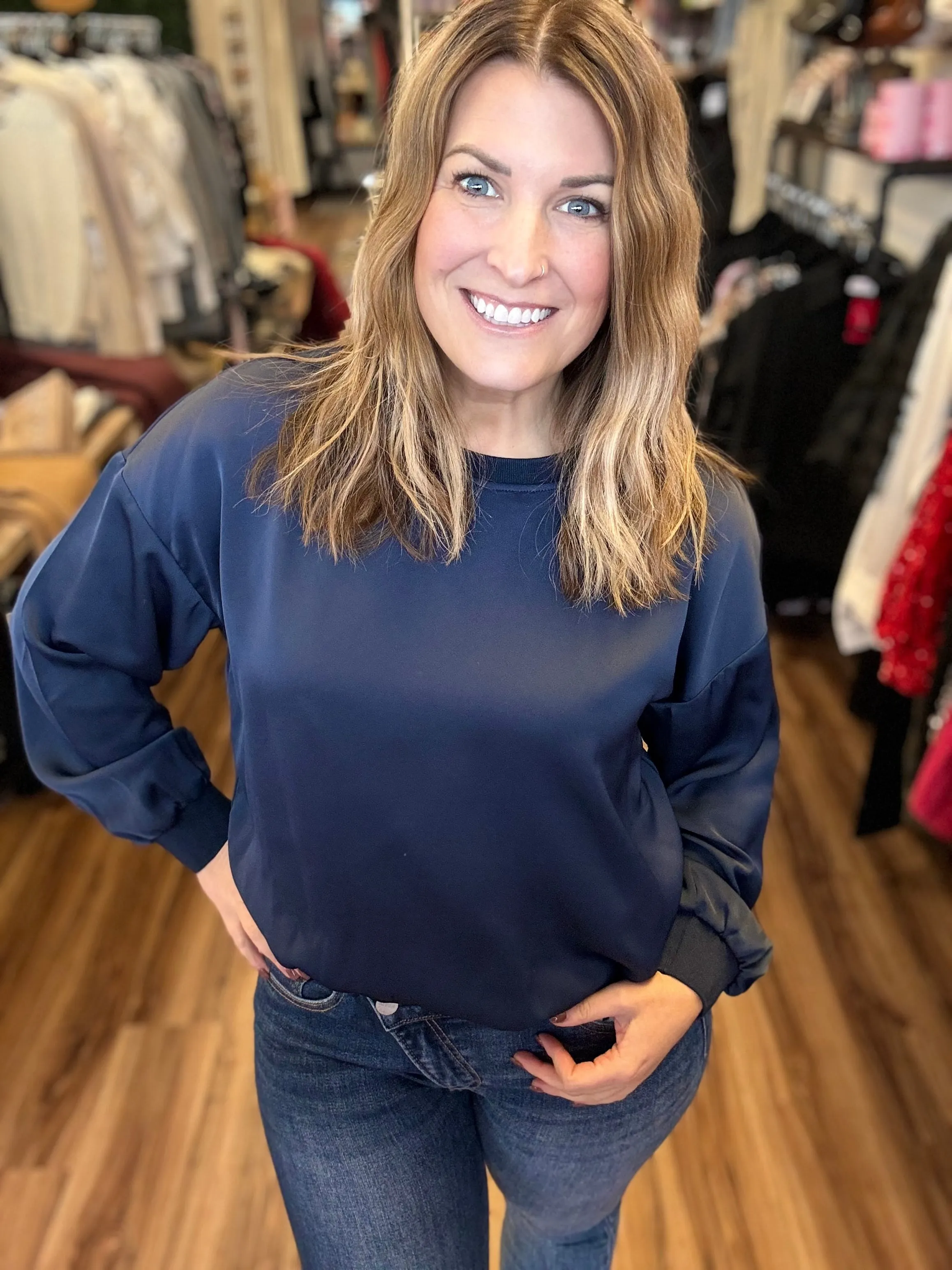 Laine - Long Sleeve Round Neck Sateen Pullover