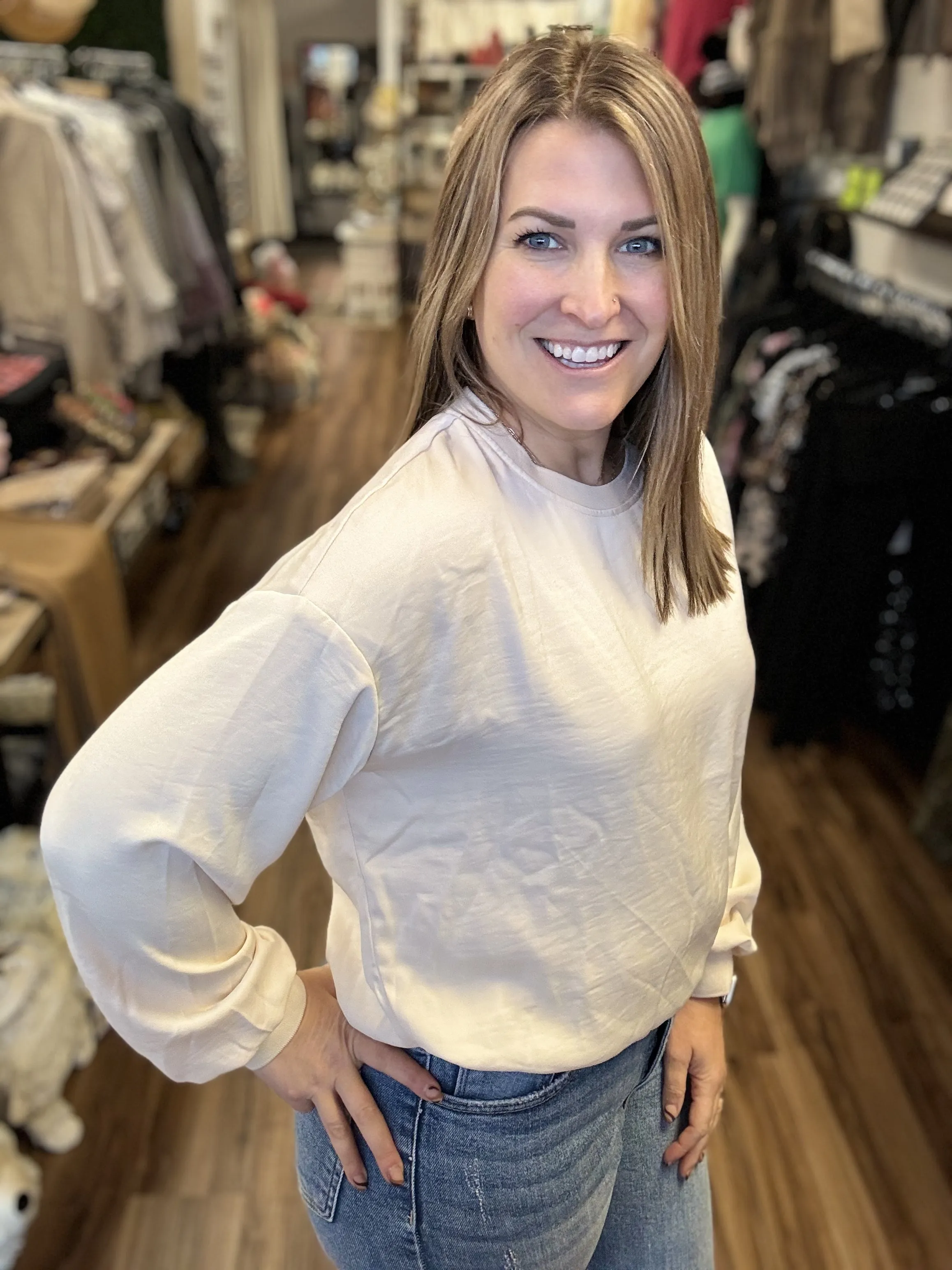 Laine - Long Sleeve Round Neck Sateen Pullover
