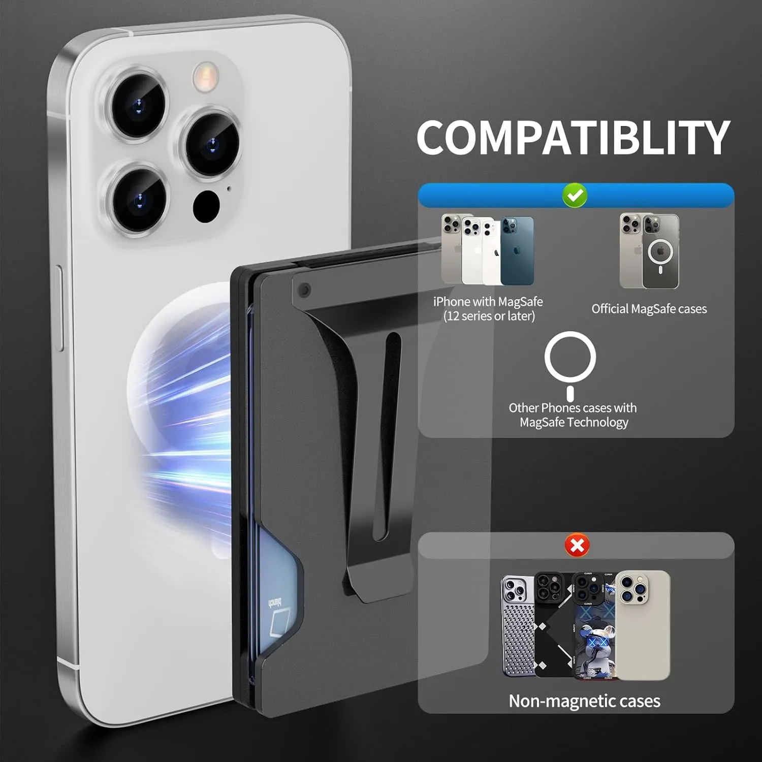 Magnetic Phone Wallet Compatible with Apple MagSafe - Metal Card Holder with AirTag Holder, RFID Blocking & Money Clip Mag Safe Wallet for iPhone 16 15 14 13 12 Pro Max/Pro/Plus/Mini