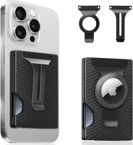 Magnetic Phone Wallet Compatible with Apple MagSafe - Metal Card Holder with AirTag Holder, RFID Blocking & Money Clip Mag Safe Wallet for iPhone 16 15 14 13 12 Pro Max/Pro/Plus/Mini