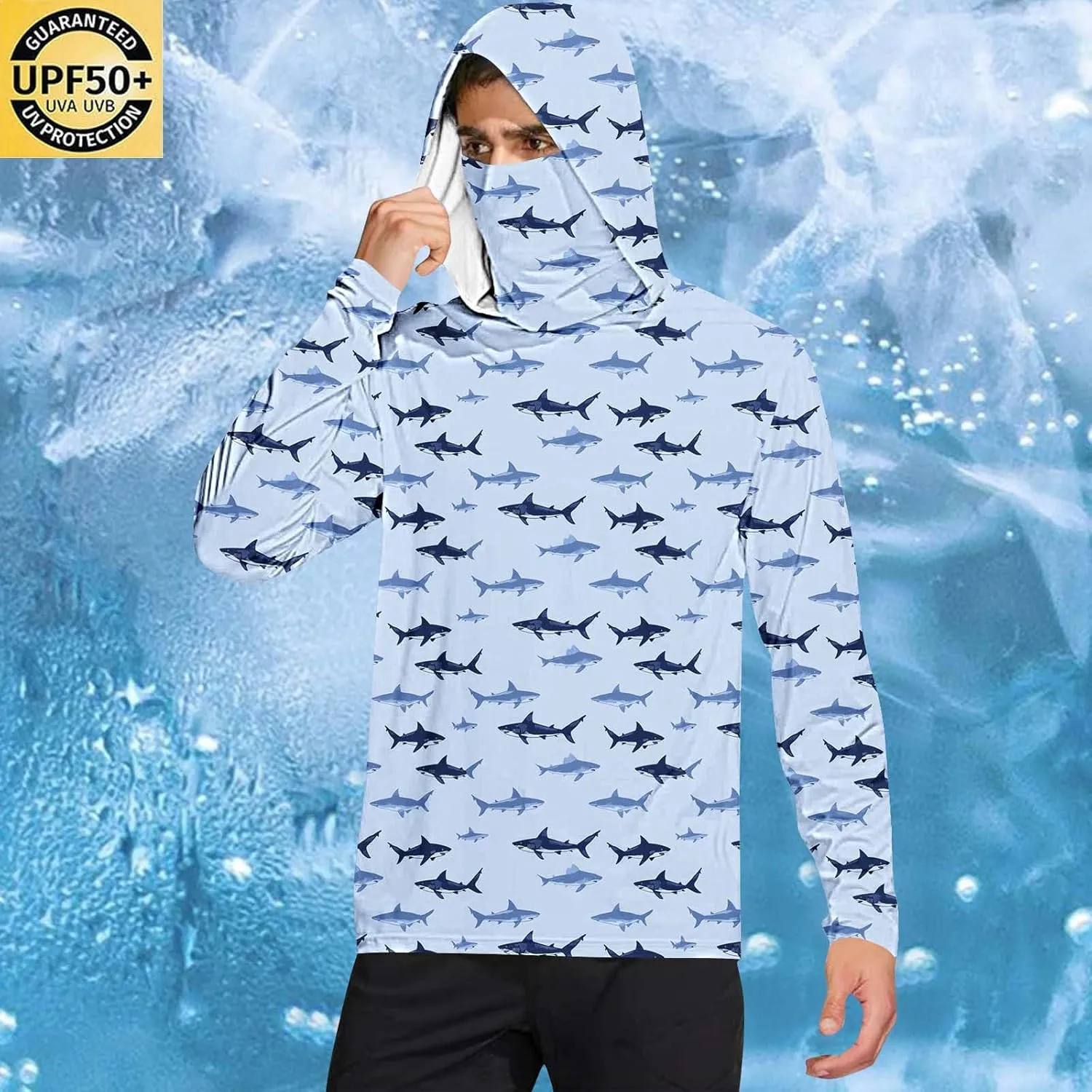 Men's Sun Protection Hoodie with Mask Men Rash Guard Performance Swim Fishing Hiking Shirt Long Sleeve Shirt