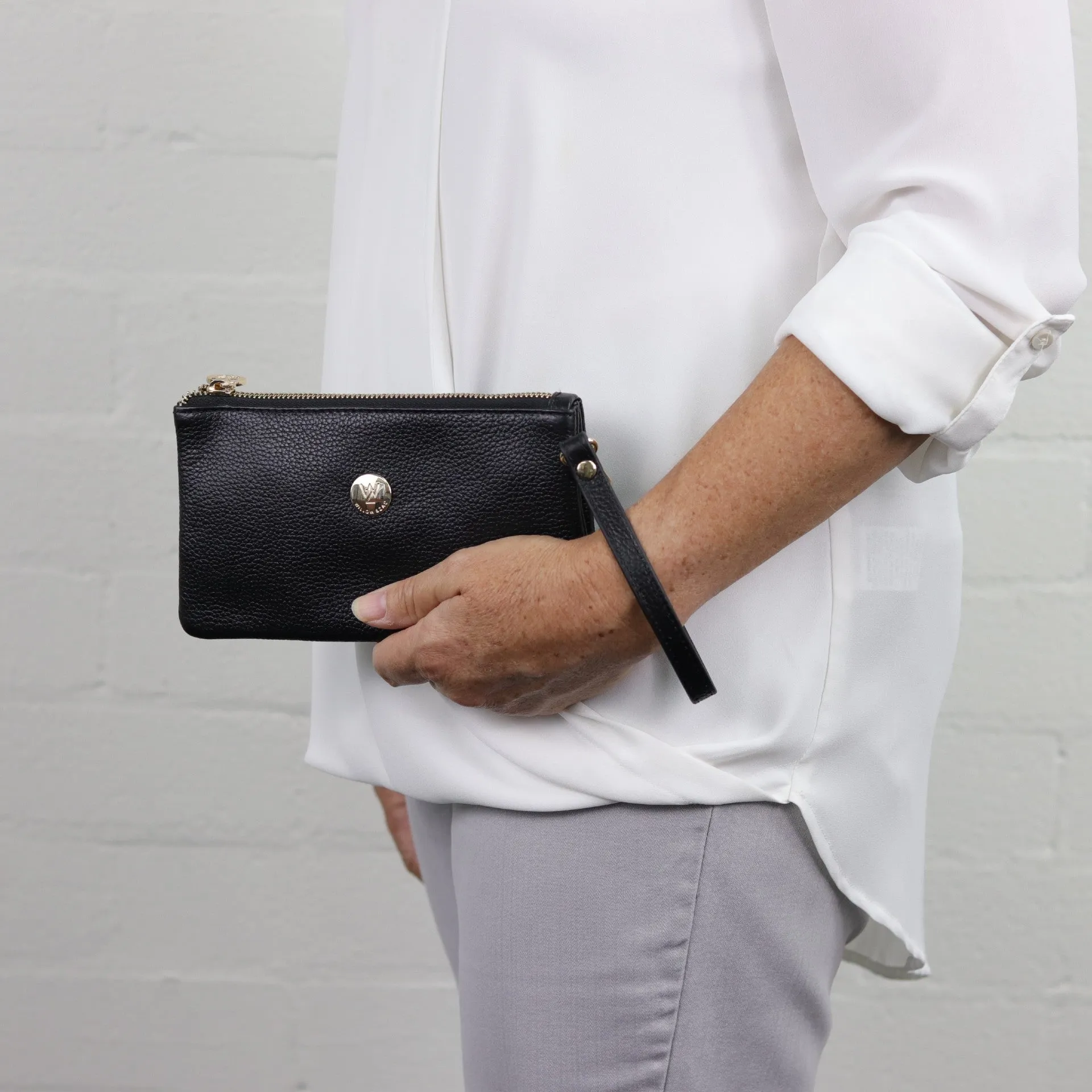 Polly leather or suede wristlet clutch