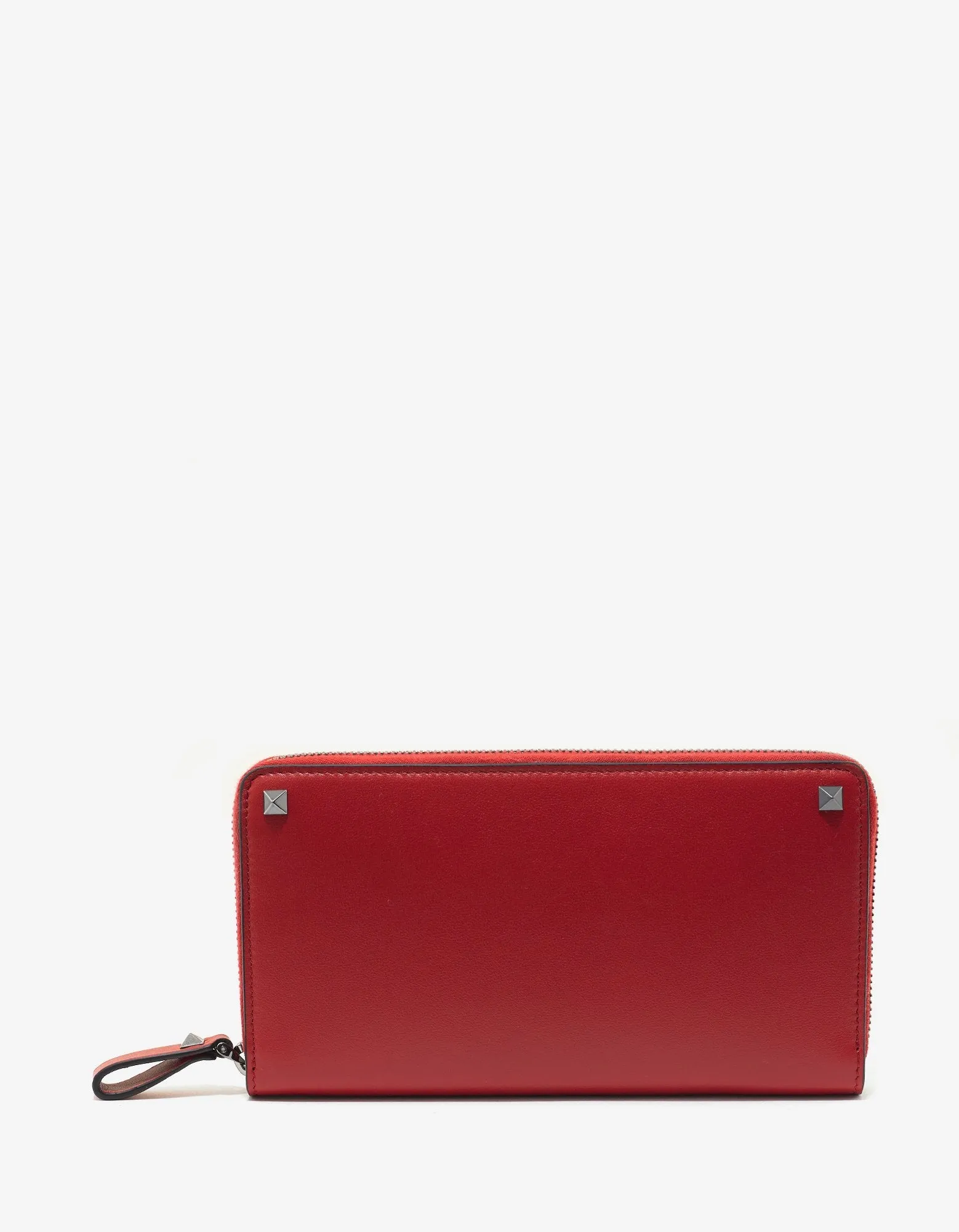 Red Leather Rockstud Zip Wallet