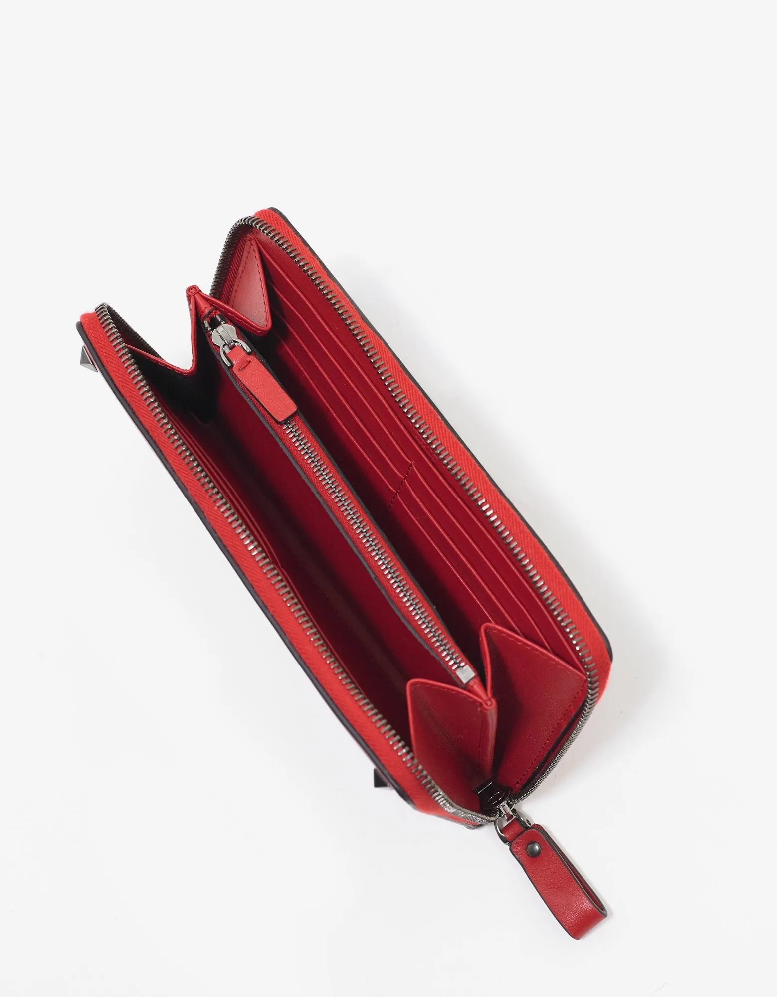 Red Leather Rockstud Zip Wallet
