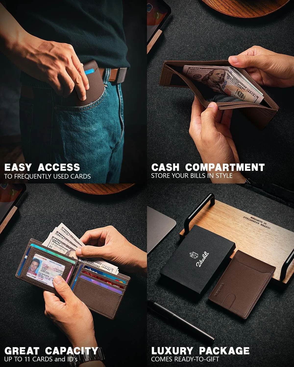 RUNBOX Wallet for Men Slim 11 Credit Card Holder Slots Leather RFID Blocking Small Thin Men's Wallet Bifold Minimalist Front Pocket Large Capacity Gift Box
