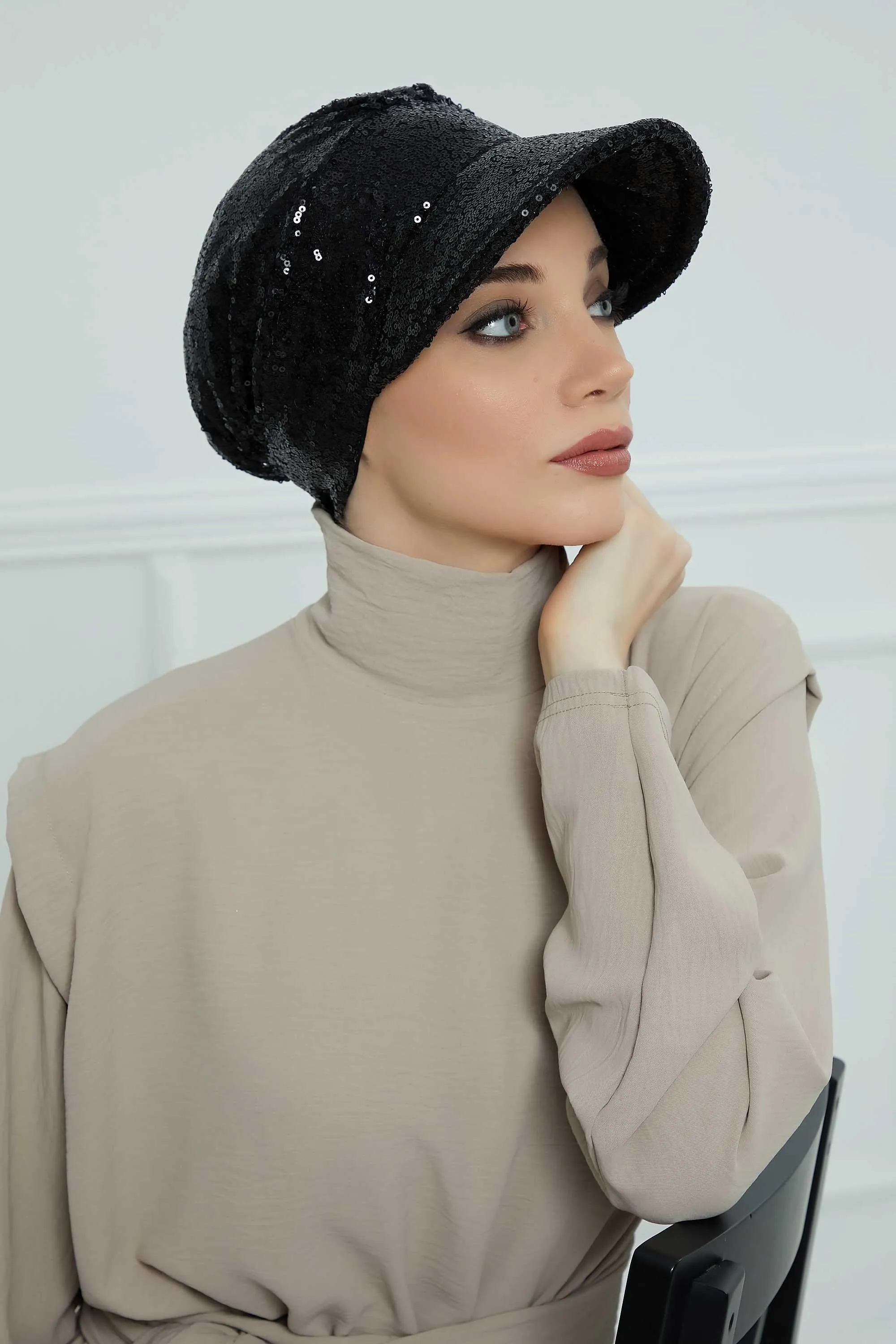 Shining Instant Turban Newsboy Women's Cap, Visor Pre-Tied Turban Head Covering for Modern Women, Chic Sequined Chemo Headwear Bonnet,B-73P