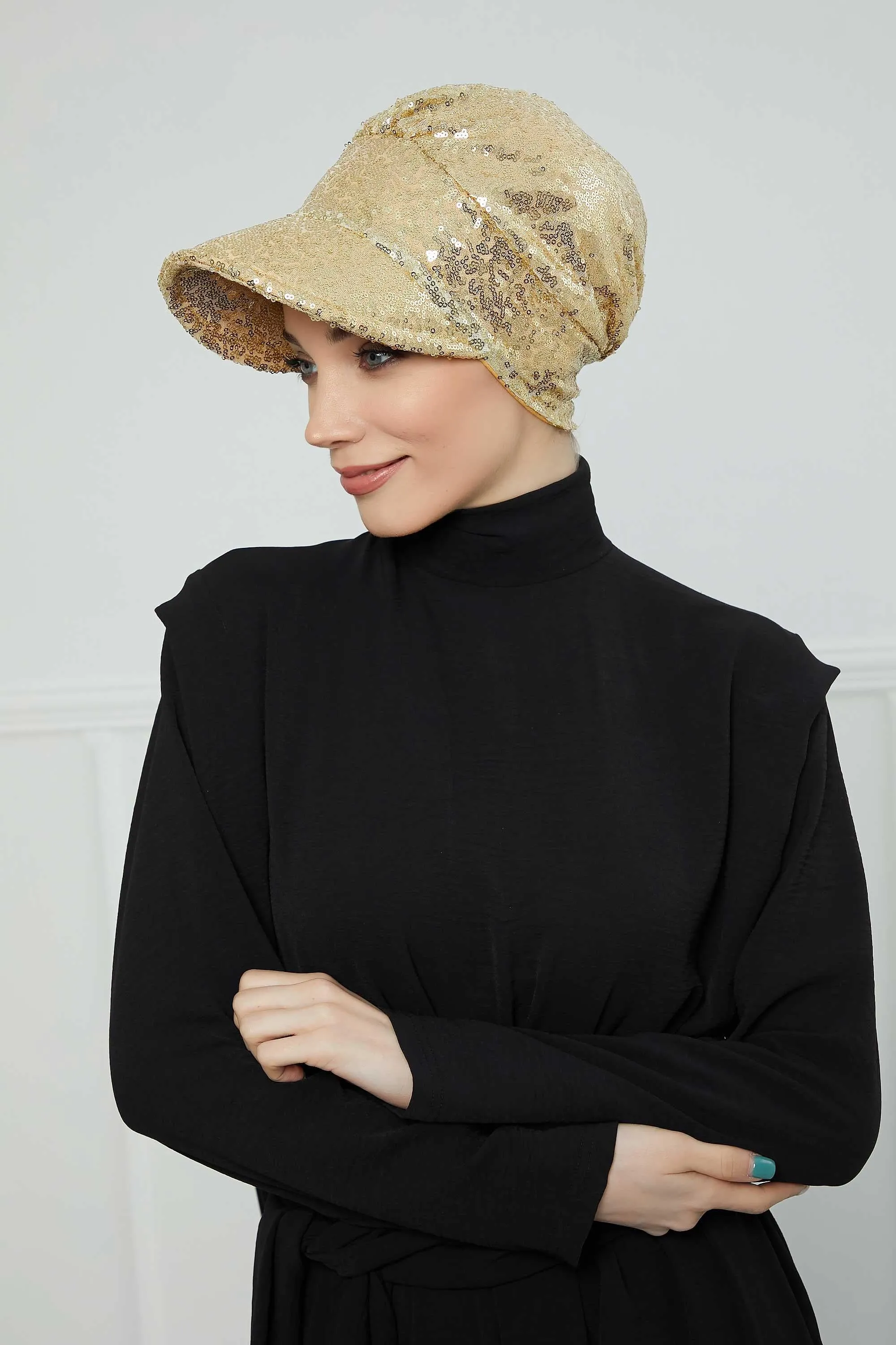 Shining Instant Turban Newsboy Women's Cap, Visor Pre-Tied Turban Head Covering for Modern Women, Chic Sequined Chemo Headwear Bonnet,B-73P