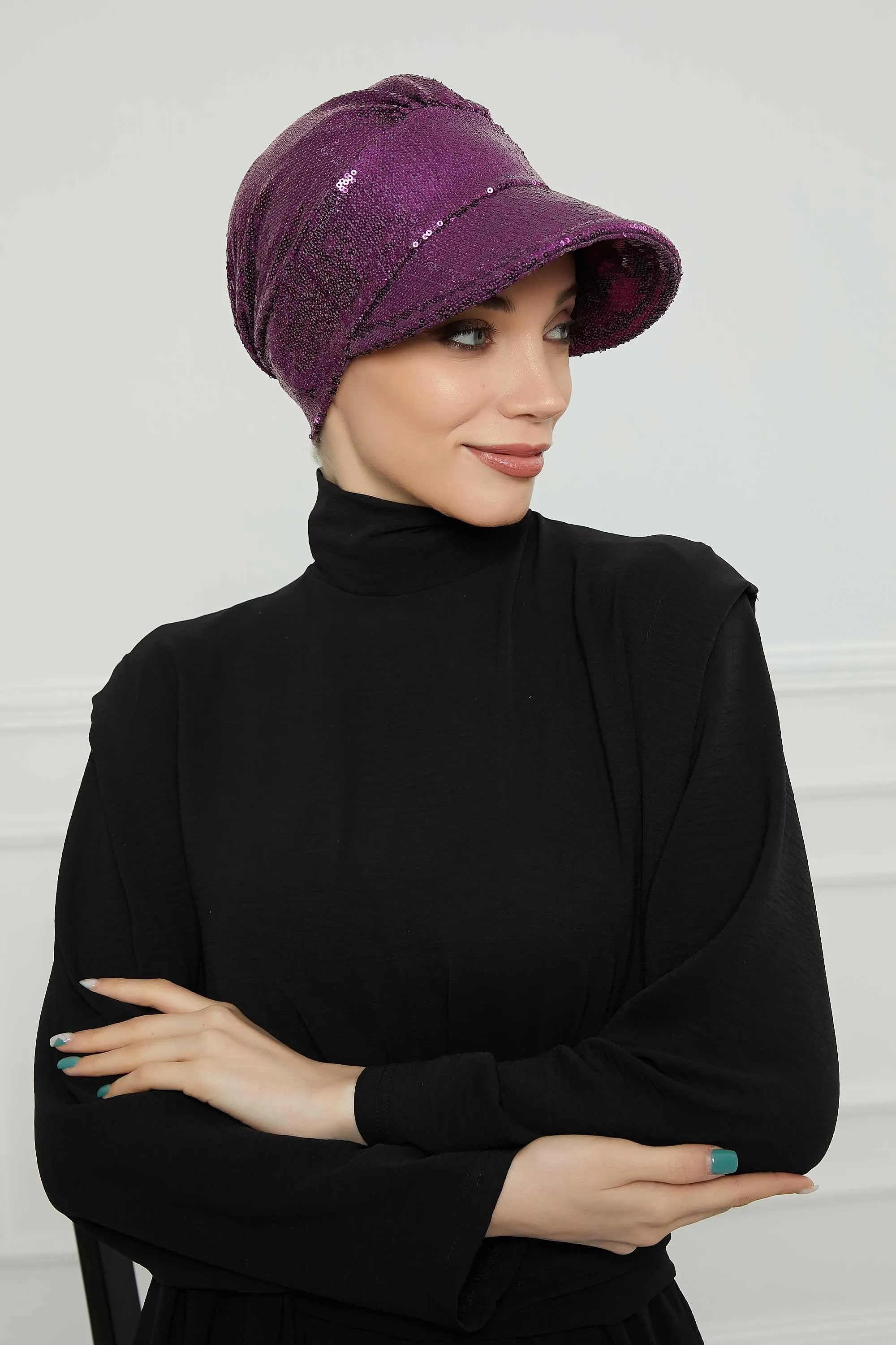 Shining Instant Turban Newsboy Women's Cap, Visor Pre-Tied Turban Head Covering for Modern Women, Chic Sequined Chemo Headwear Bonnet,B-73P