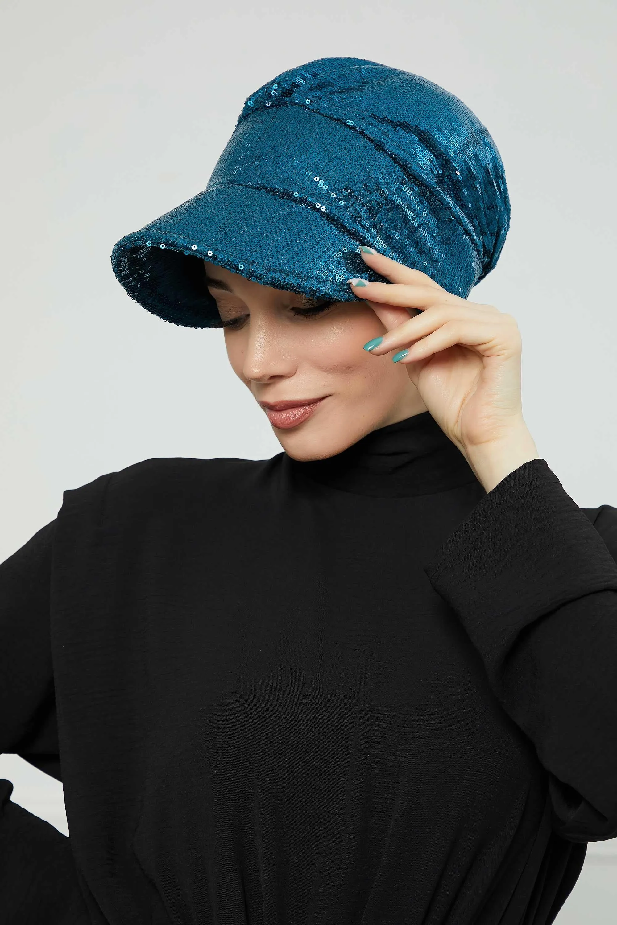 Shining Instant Turban Newsboy Women's Cap, Visor Pre-Tied Turban Head Covering for Modern Women, Chic Sequined Chemo Headwear Bonnet,B-73P