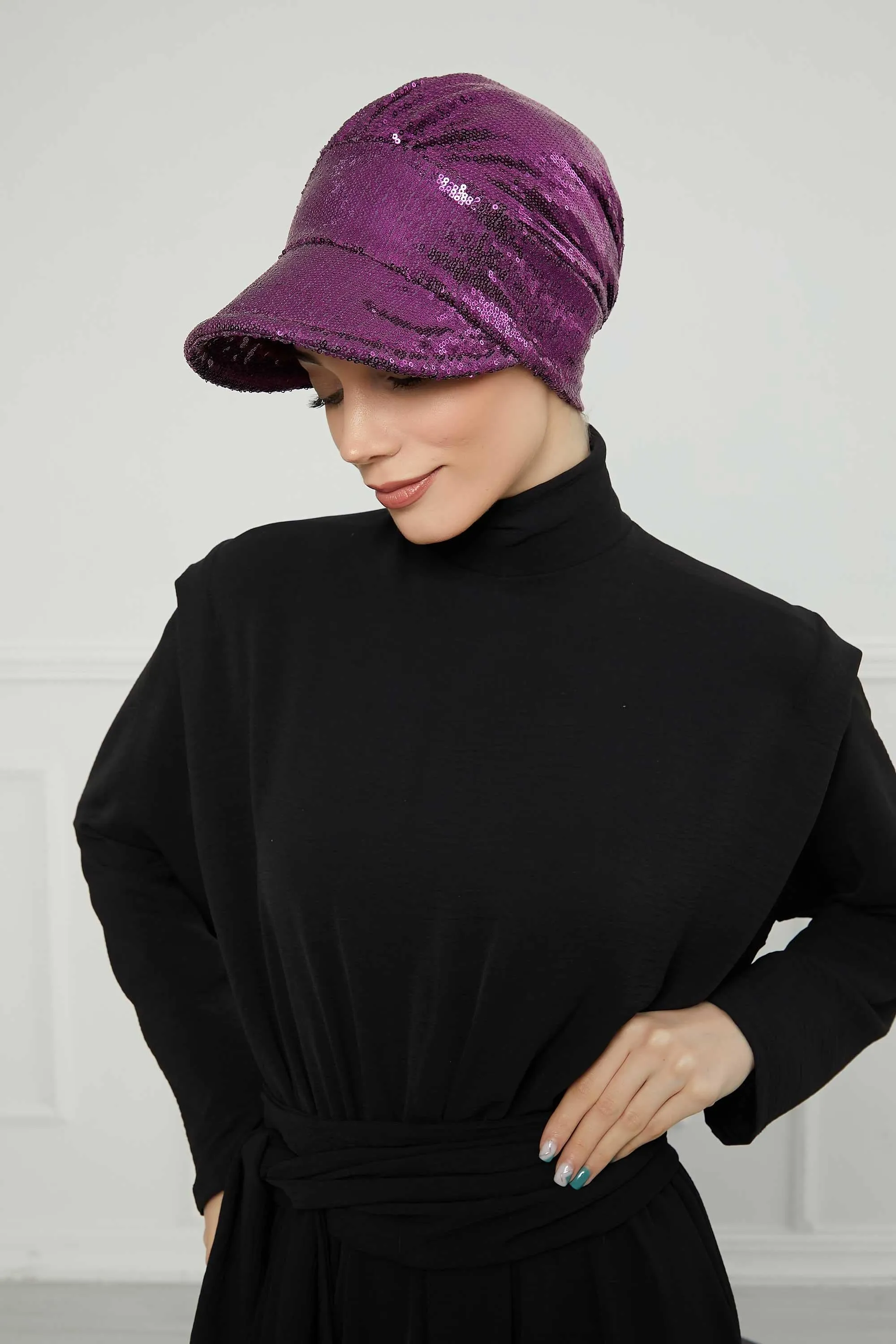 Shining Instant Turban Newsboy Women's Cap, Visor Pre-Tied Turban Head Covering for Modern Women, Chic Sequined Chemo Headwear Bonnet,B-73P