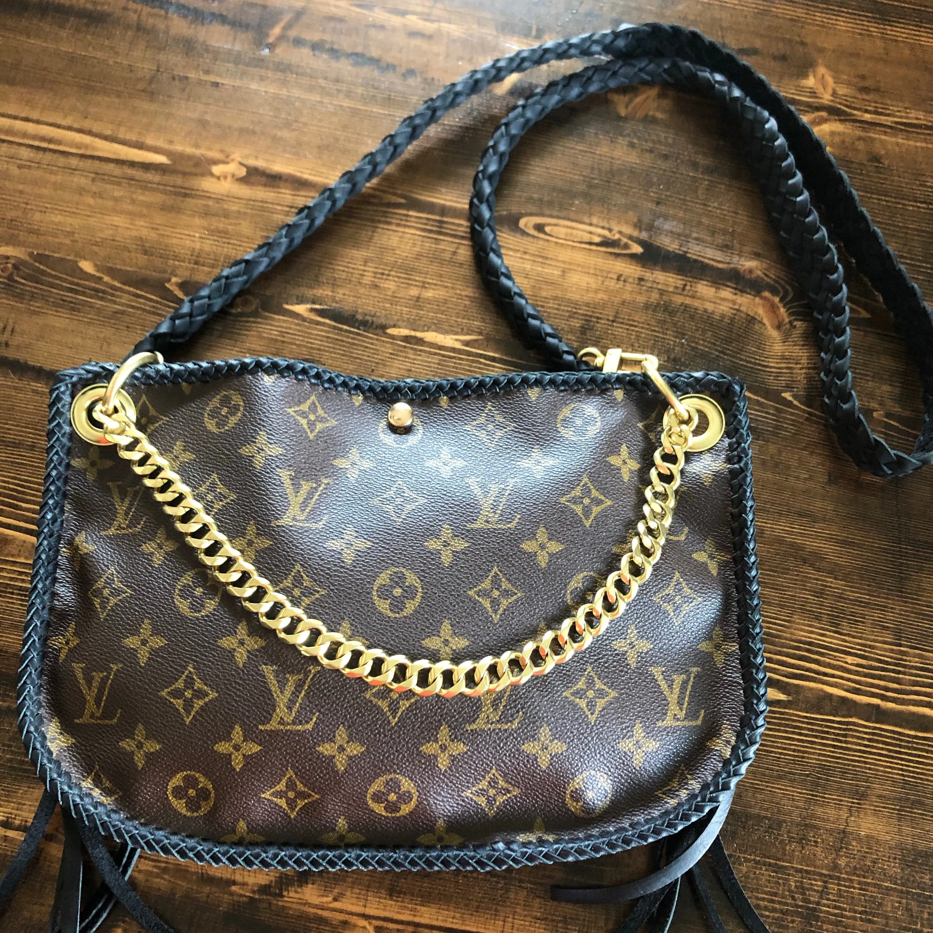 The Peacock - Vintage Monogram Hobo Crossbody in Black - Brass Hardware