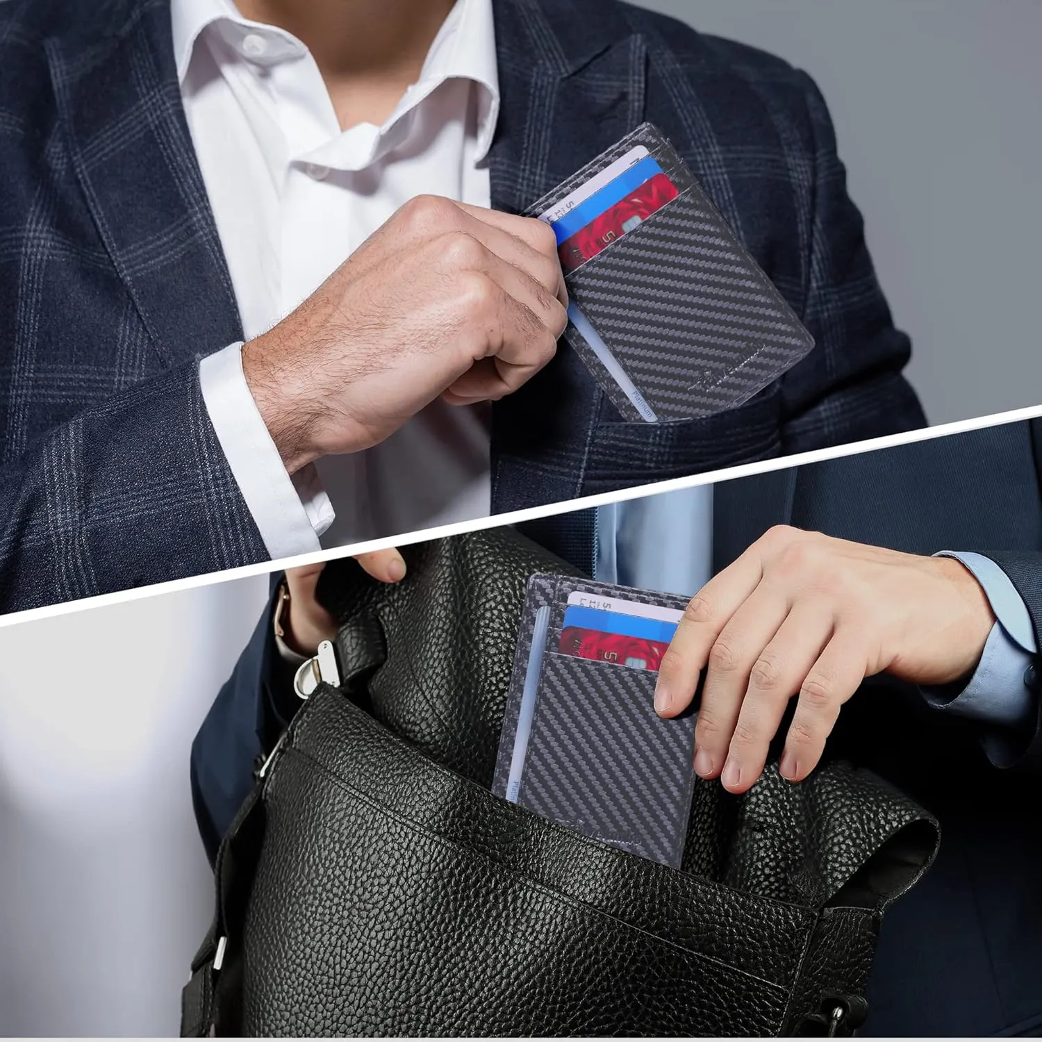 Travelambo Front Pocket Minimalist Leather Slim Wallet RFID Blocking Carbon Fiber Texture