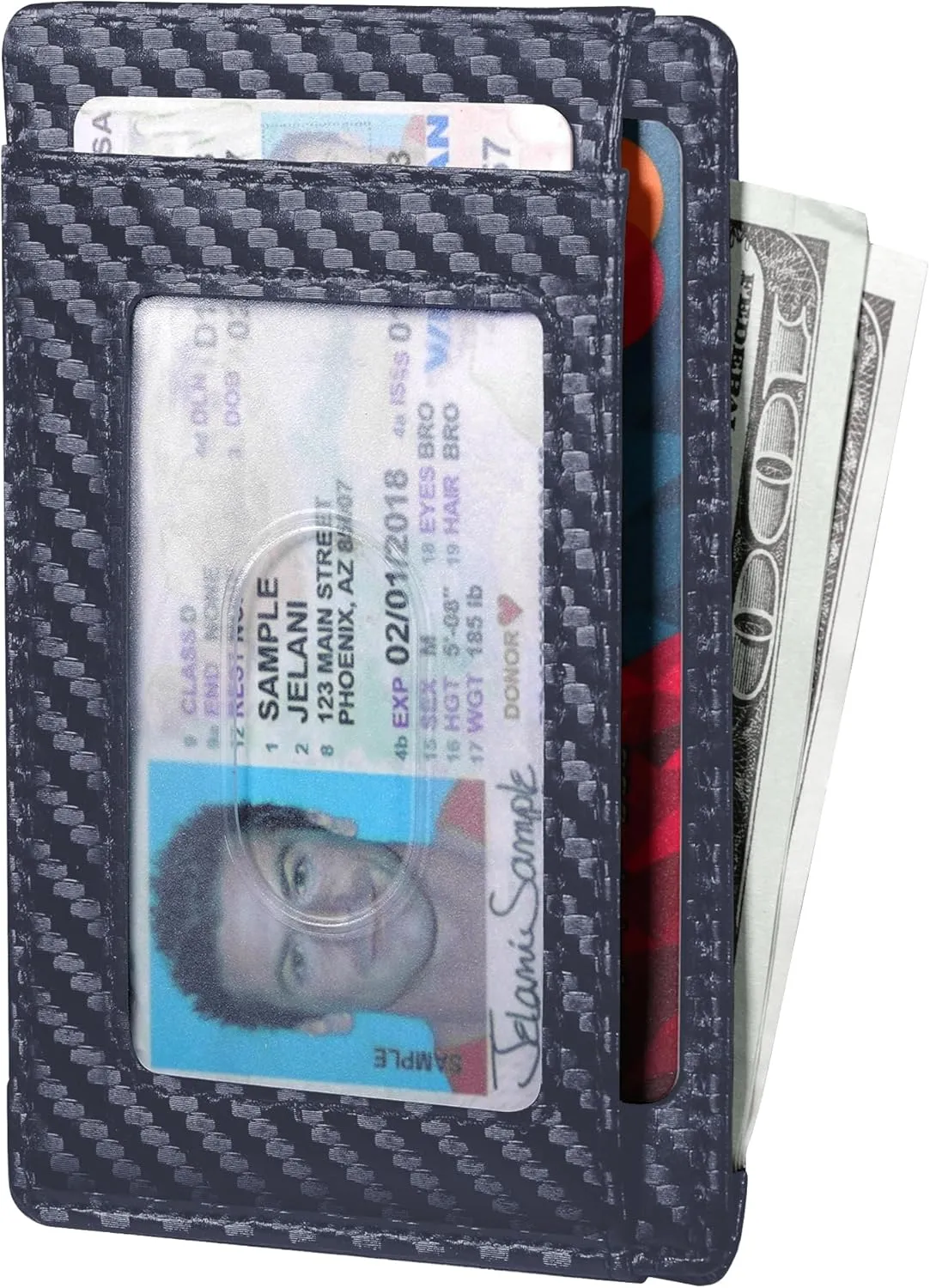 Travelambo Front Pocket Minimalist Leather Slim Wallet RFID Blocking Carbon Fiber Texture