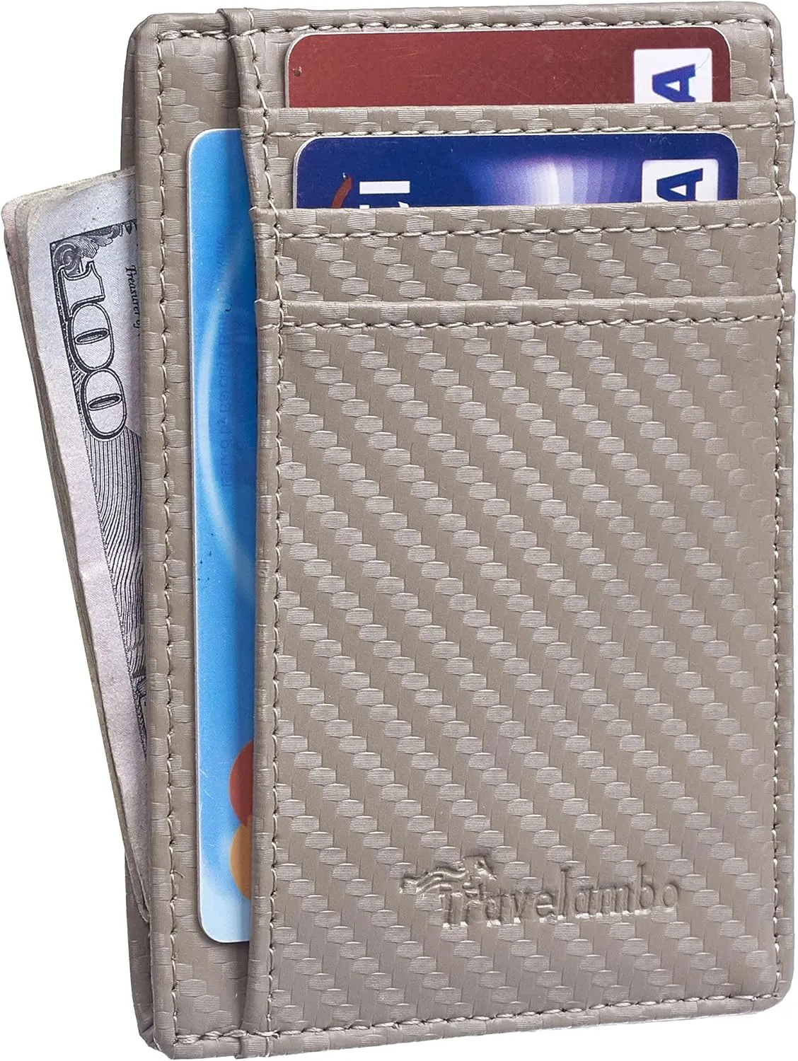Travelambo Front Pocket Minimalist Leather Slim Wallet RFID Blocking Carbon Fiber Texture