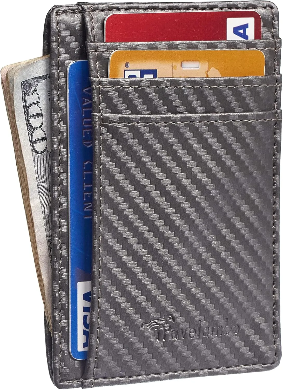 Travelambo Front Pocket Minimalist Leather Slim Wallet RFID Blocking Carbon Fiber Texture