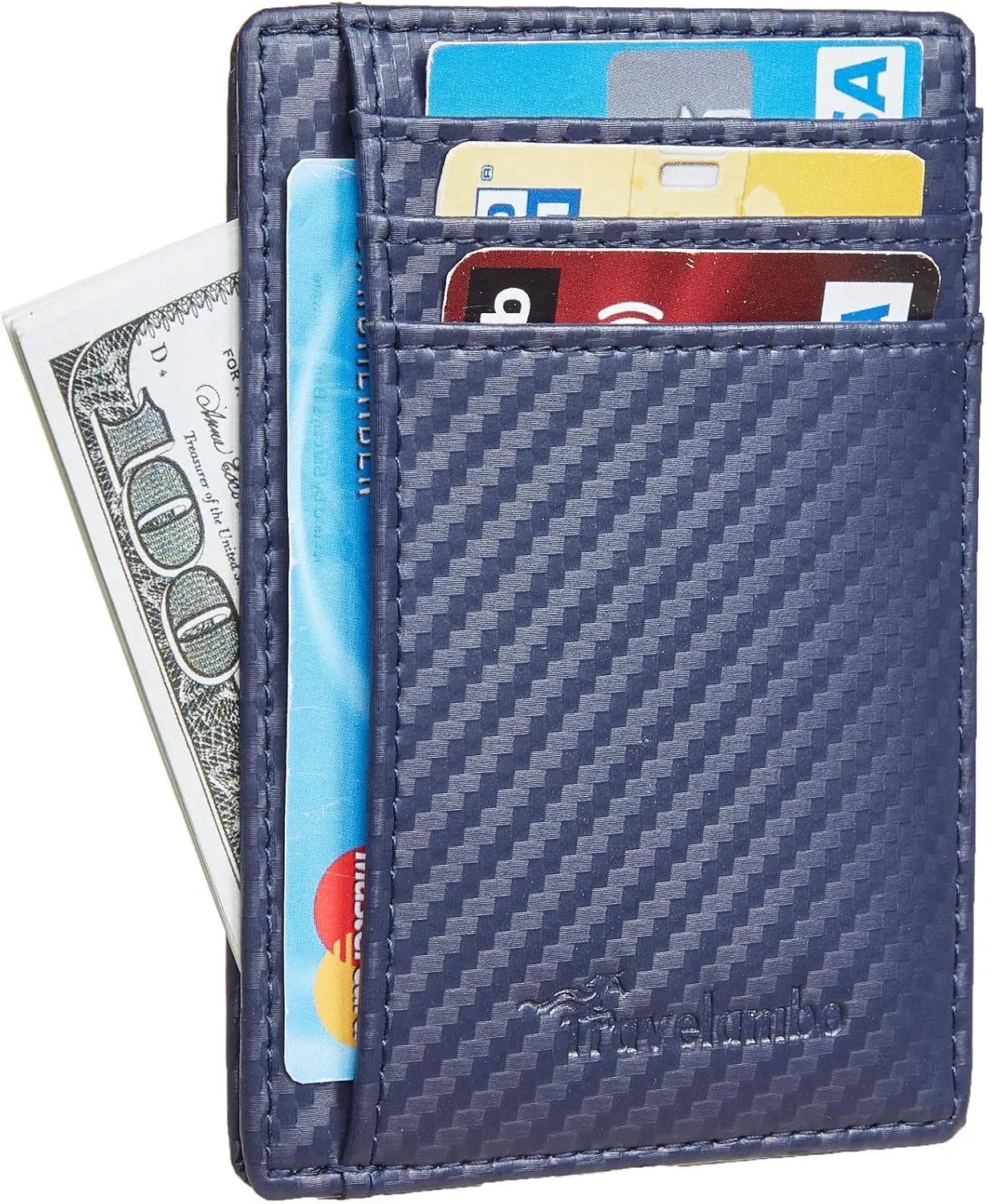 Travelambo Front Pocket Minimalist Leather Slim Wallet RFID Blocking Carbon Fiber Texture