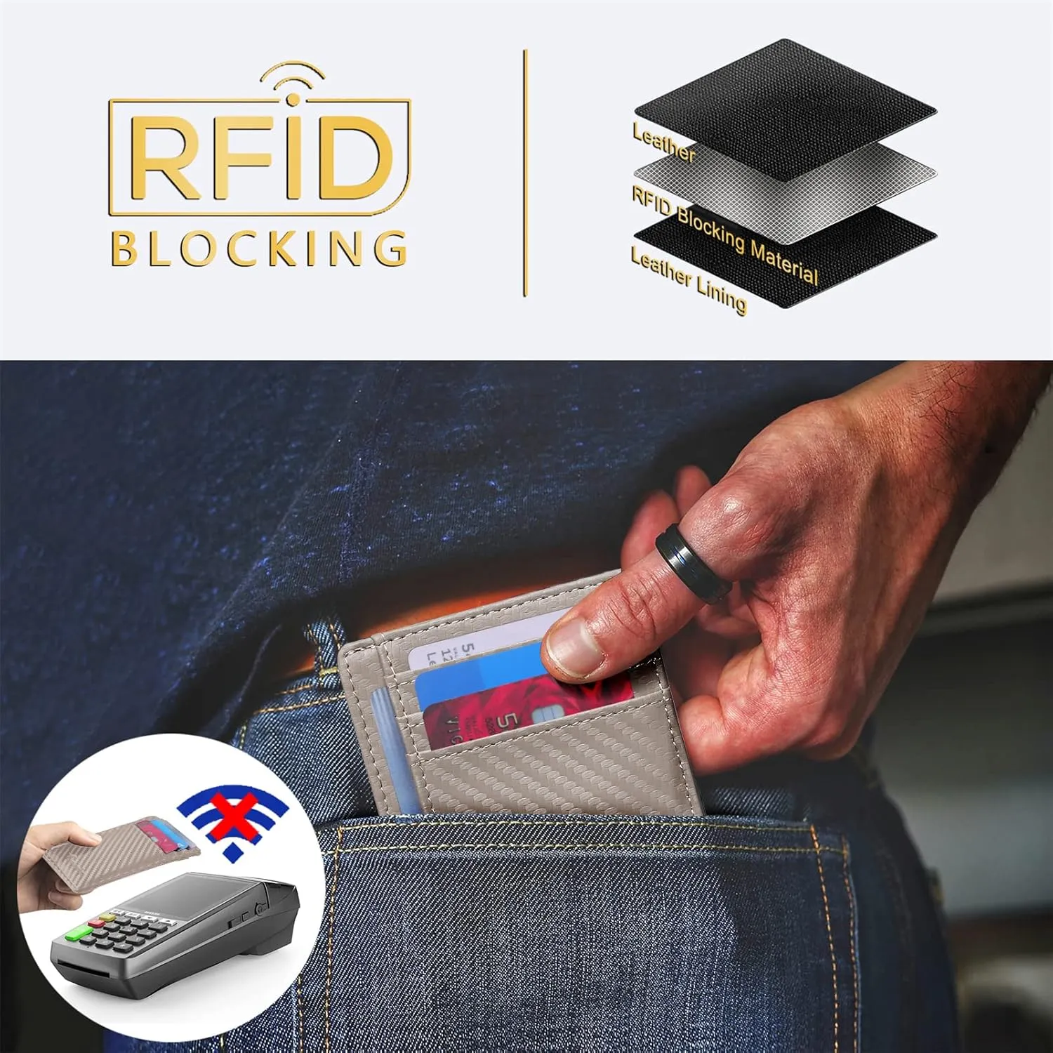 Travelambo Front Pocket Minimalist Leather Slim Wallet RFID Blocking Carbon Fiber Texture