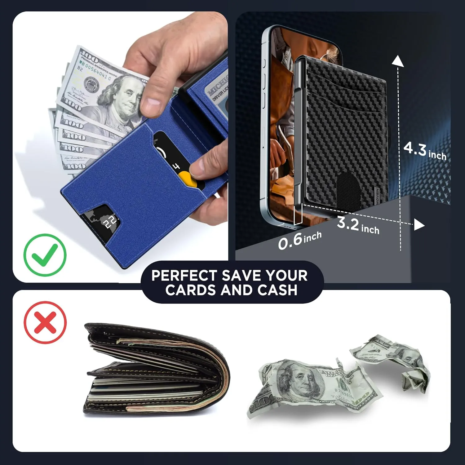 umoven Wallet for Men - Pop Up Case, Cash Slot, and Credit Card Slot - Slim Aluminum Wallet with RFID Blocking, Minimalist Leather Wallet Front Pocket with ID Window (Carbon Blue)