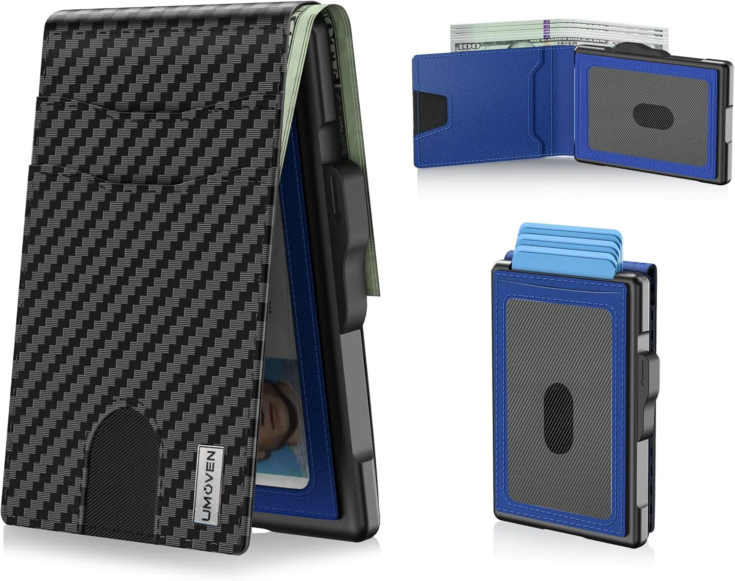 umoven Wallet for Men - Pop Up Case, Cash Slot, and Credit Card Slot - Slim Aluminum Wallet with RFID Blocking, Minimalist Leather Wallet Front Pocket with ID Window (Carbon Blue)