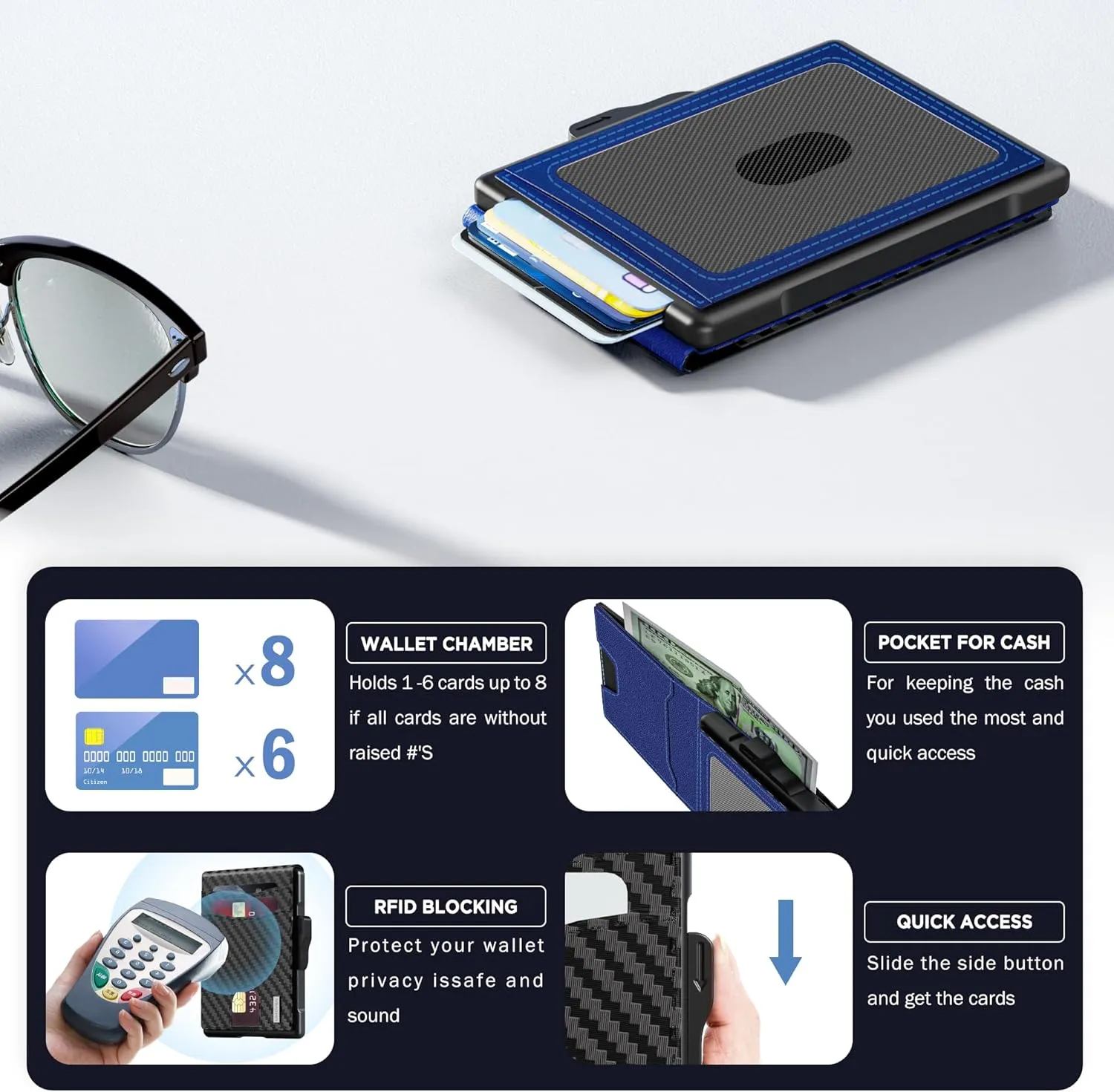 umoven Wallet for Men - Pop Up Case, Cash Slot, and Credit Card Slot - Slim Aluminum Wallet with RFID Blocking, Minimalist Leather Wallet Front Pocket with ID Window (Carbon Blue)