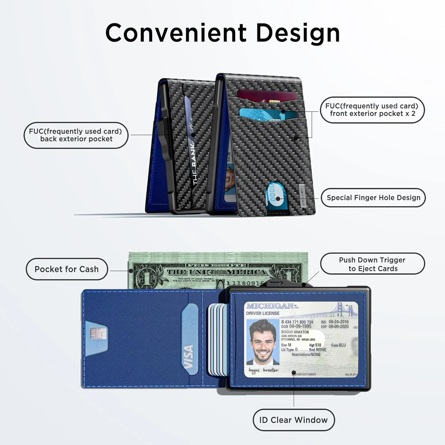 umoven Wallet for Men - Pop Up Case, Cash Slot, and Credit Card Slot - Slim Aluminum Wallet with RFID Blocking, Minimalist Leather Wallet Front Pocket with ID Window (Carbon Blue)