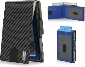 umoven Wallet for Men - Pop Up Case, Cash Slot, and Credit Card Slot - Slim Aluminum Wallet with RFID Blocking, Minimalist Leather Wallet Front Pocket with ID Window (Carbon Blue)