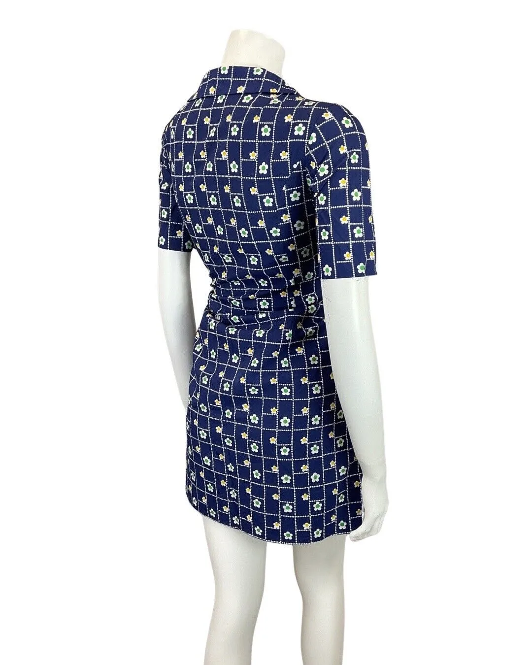 VINTAGE 60s 70s BLUE WHITE GREEN CHECKED DAISY FLOWER DAGGER SHIRT DRESS 10 12