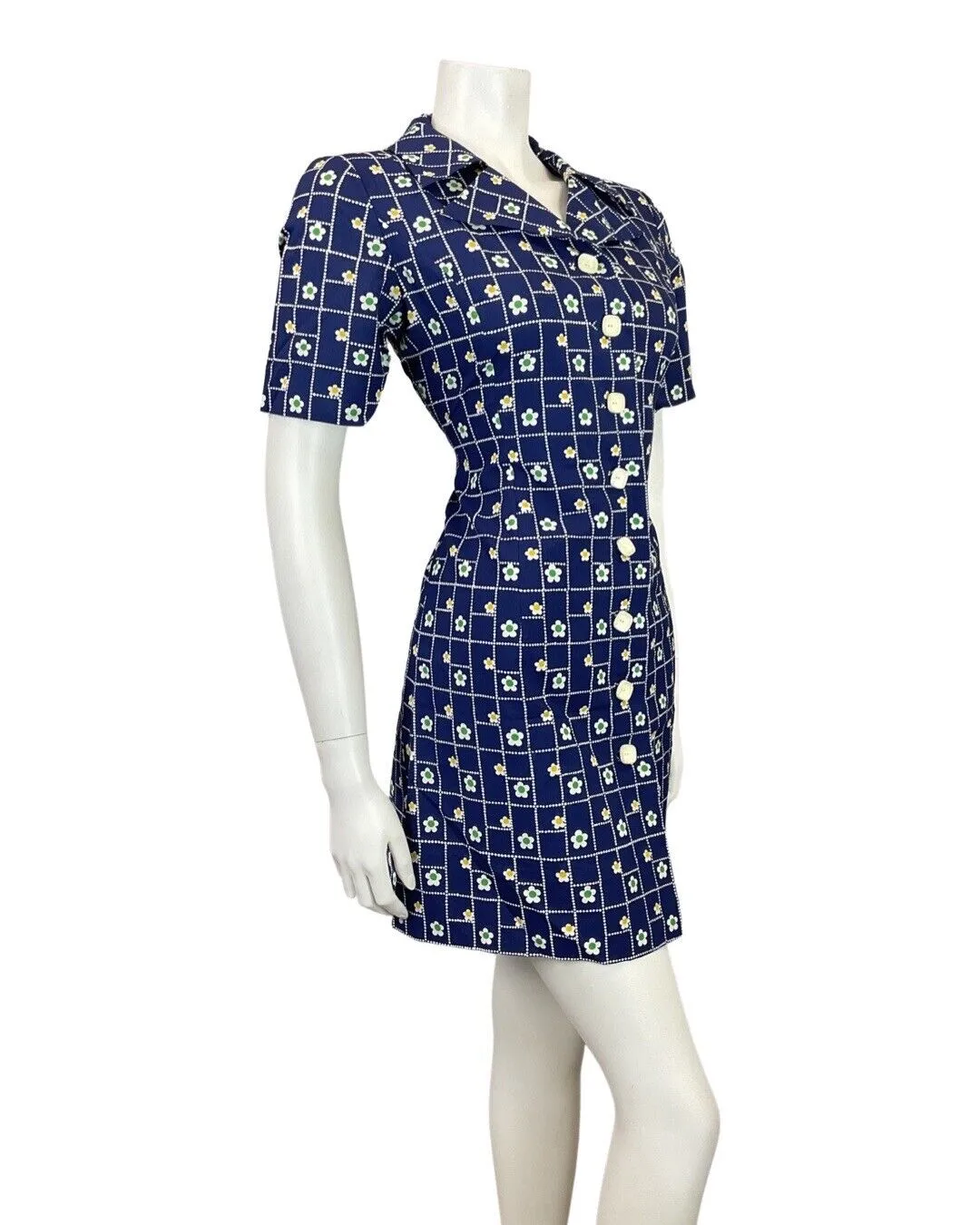 VINTAGE 60s 70s BLUE WHITE GREEN CHECKED DAISY FLOWER DAGGER SHIRT DRESS 10 12