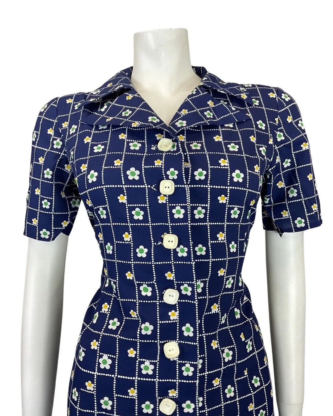 VINTAGE 60s 70s BLUE WHITE GREEN CHECKED DAISY FLOWER DAGGER SHIRT DRESS 10 12