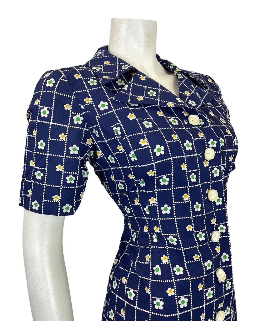 VINTAGE 60s 70s BLUE WHITE GREEN CHECKED DAISY FLOWER DAGGER SHIRT DRESS 10 12