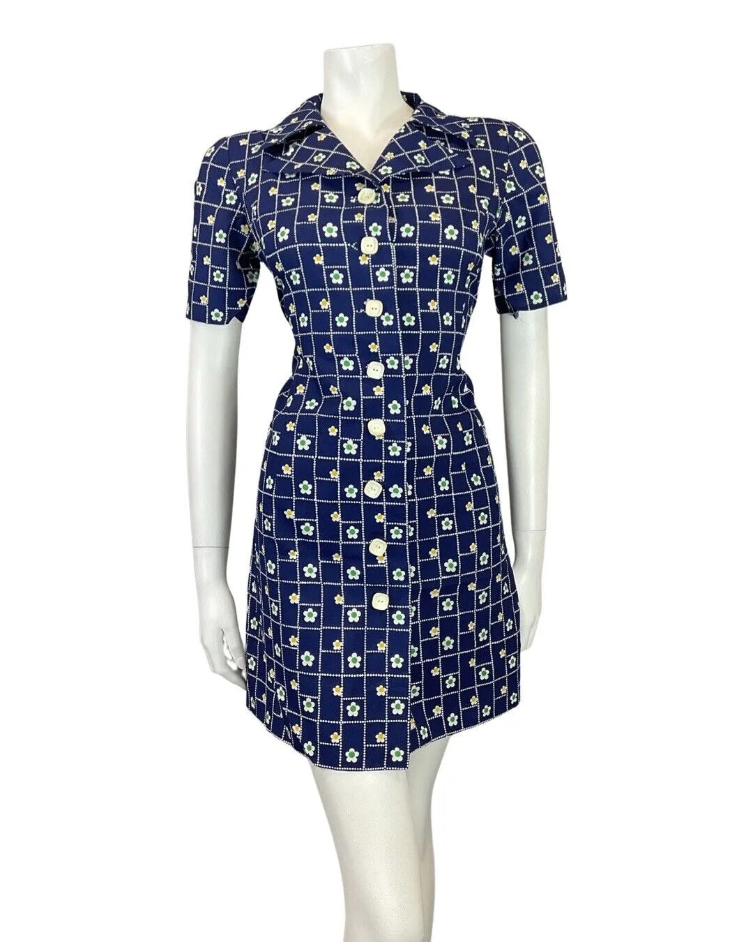 VINTAGE 60s 70s BLUE WHITE GREEN CHECKED DAISY FLOWER DAGGER SHIRT DRESS 10 12