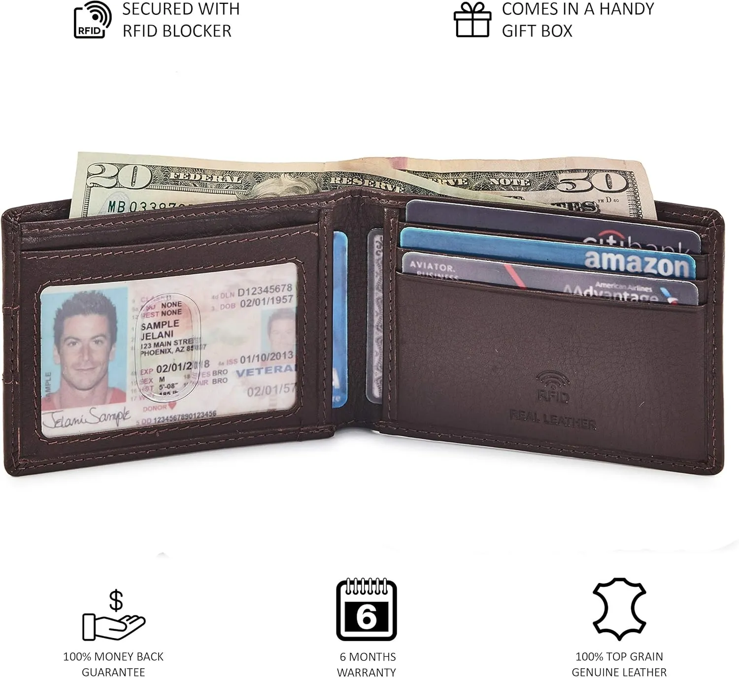 Wallet for Men Bifold Real Leather Slim RFID Blocking Front Pocket Minimalist Stylish Design with ID Window in Gift Box (Nappa, Chocolate)