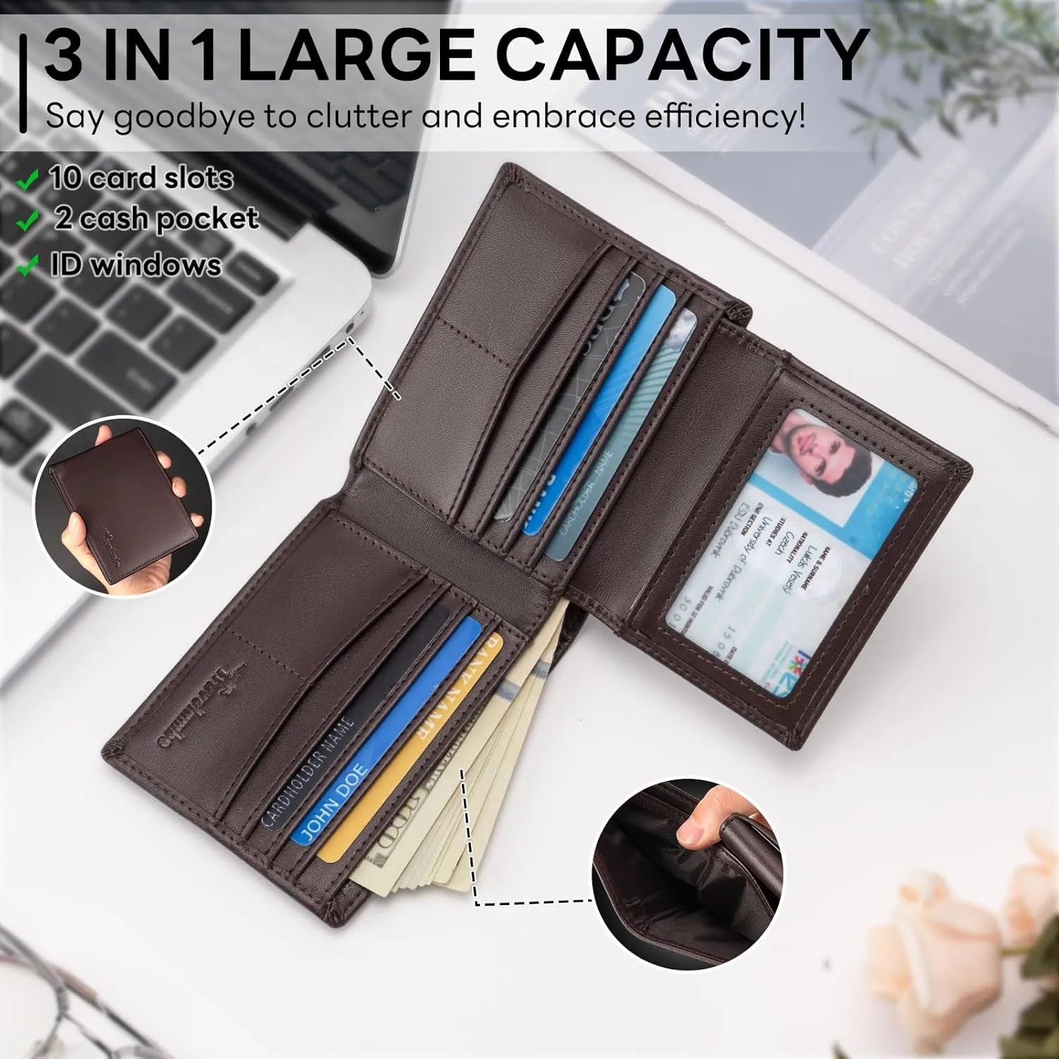 Wallet for Men, Premium Classic Mens Wallet Minimalist Slim Bifold Wallet, RFID Blocking Wallet with 10 Credit Card, 2 ID Window and 2 Cash Slots, Leather Compact Wallet, Front Pocket Card Holder