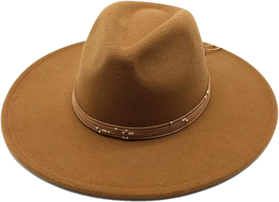 Women's Big Brim Peach Fedora Hat Chain Jazz Top Hat Winter Men's Classic Woolen Hat